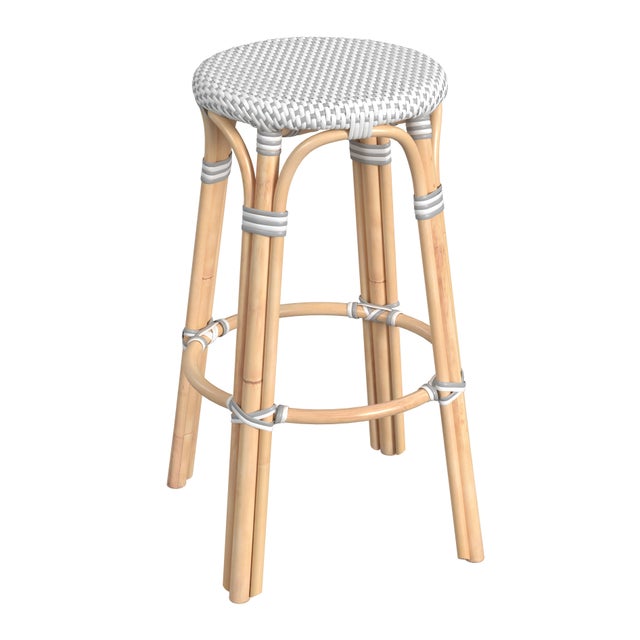 Gray Tobias 30 in. Seat Height Round Rattan Backless Bar Stool, White/Gray Dot / Natural Rattan Frame For Sale - Image 8 of 8