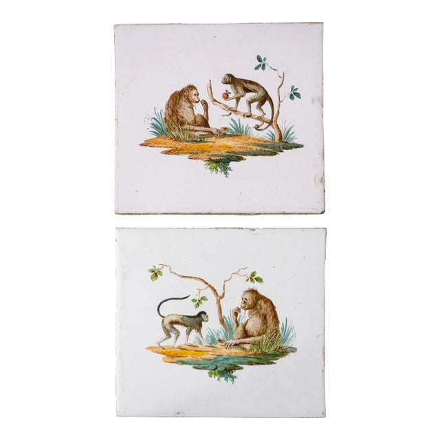 19th Century German Majolica Tin Glazed Monkey Tiles | a Pair For Sale