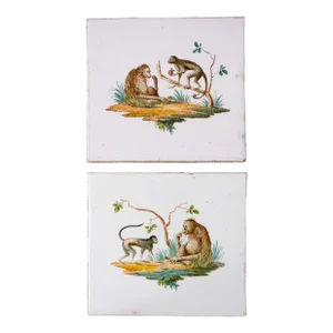 19th Century German Majolica Tin Glazed Monkey Tiles | a Pair