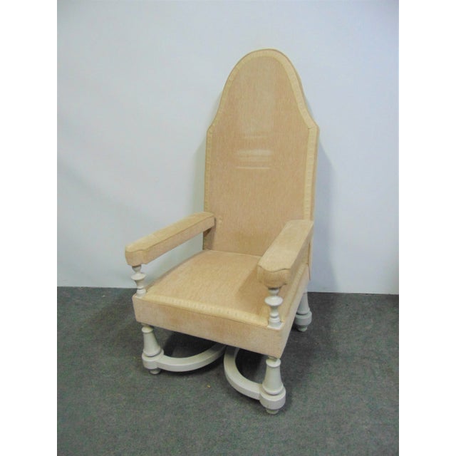 William & Mary English style lounge chair, extra high back, turned legs with curved stretchers, painted antique white finish.