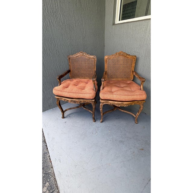 1960s Pair Carved French Dark Wood All Cane Chairs Clean Cushions For Sale - Image 4 of 4