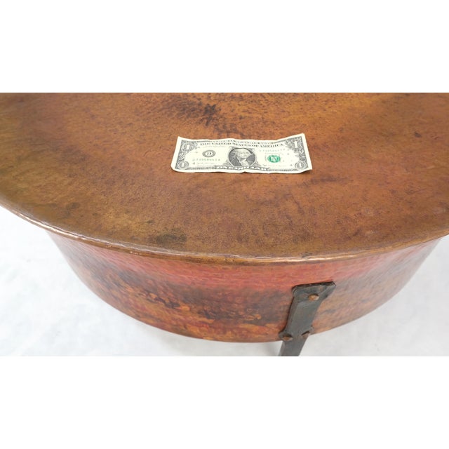 Vintage Hummered Forged Copper & Iron Round Coffee Table & Pair of Stools Seats. Table: 36 x 18 Stool: 16 x 15.5.