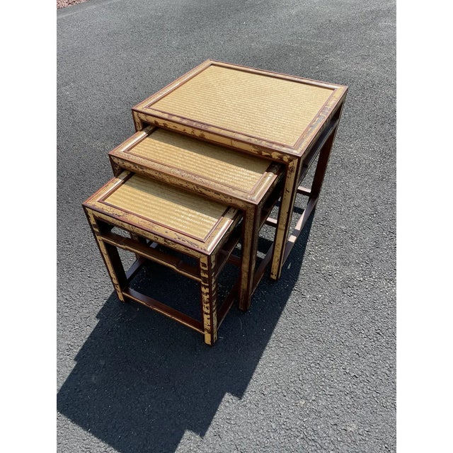These nesting tables are exceptional. The frames are wood with bamboo inserts around the frame. The top has a rattan...