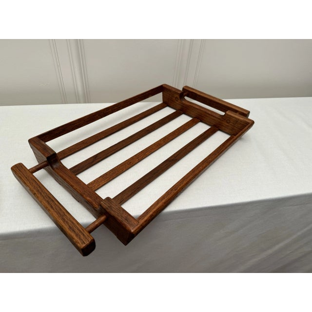 Mid 20th Century Mid Century Modern Open Slat Solid Oak Wood Double Handled Tray For Sale - Image 5 of 12