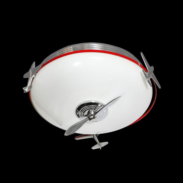 Art Deco Art Deco Machine Age Milk Glass & Chrome Airplane Flush Mount For Sale - Image 3 of 12