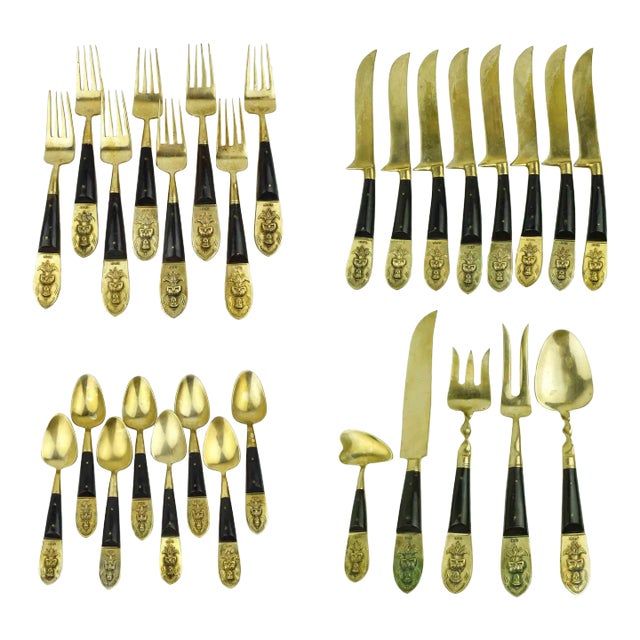Mid 20th Century Siam Brass Serving Flatware Set With Horn Handle Set in Original Box - 29 Pieces For Sale