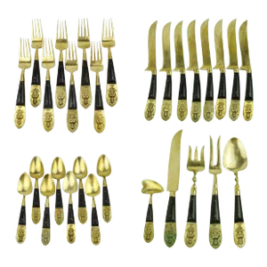 Mid 20th Century Siam Brass Serving Flatware Set With Horn Handle Set in Original Box - 29 Pieces