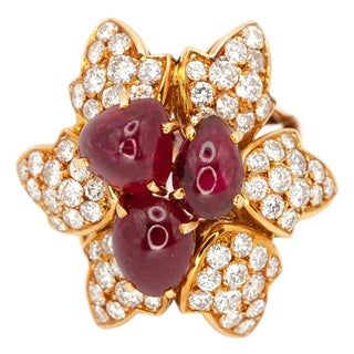 1980s Vintage French 18k Yellow Gold Ruby and Diamond Ring, Size 5.75 For Sale