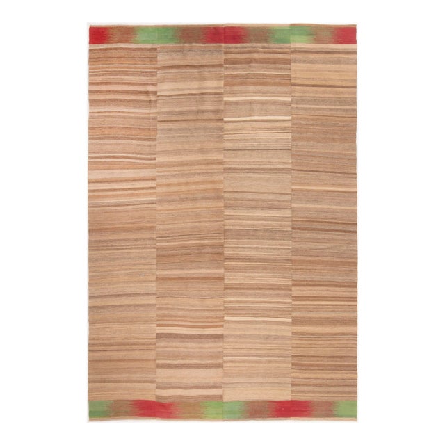 Vintage Geometric Striped Beige-Brown Red and Green Wool Kilim Rug For Sale