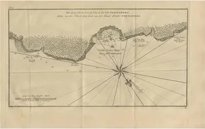 Antique Map of Juan Fernandez Island and Cumberland Bay, Chile, 1749