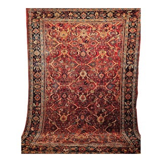 Antique Persian Mahal Sultanabad Rug, Hand-Knotted Wool, Geometric Pattern, 9x13, Red & Navy For Sale