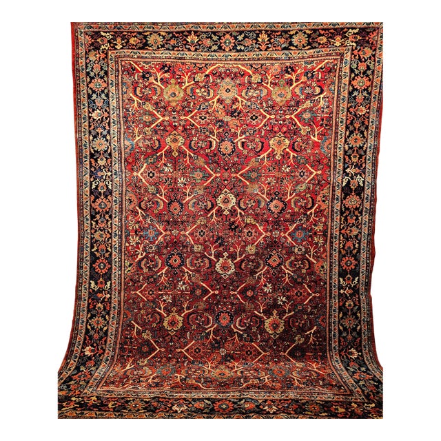 Antique Persian Mahal Sultanabad Rug, Hand-Knotted Wool, Geometric Pattern, 9x13, Red & Navy For Sale
