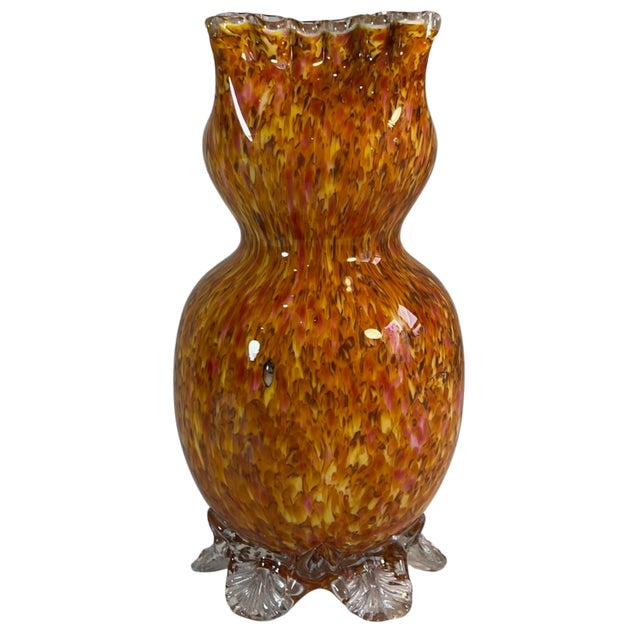 Antique Franz Welz Style Art Glass Orange Confetti Vase With Crimped Lip For Sale - Image 16 of 18