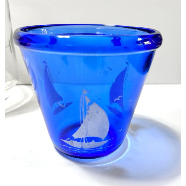 Mid-Century Modern Vintage Etched Sailing Ship Glass Decanter With Cobalt Nautical Bar Bowl For Sale - Image 3 of 9