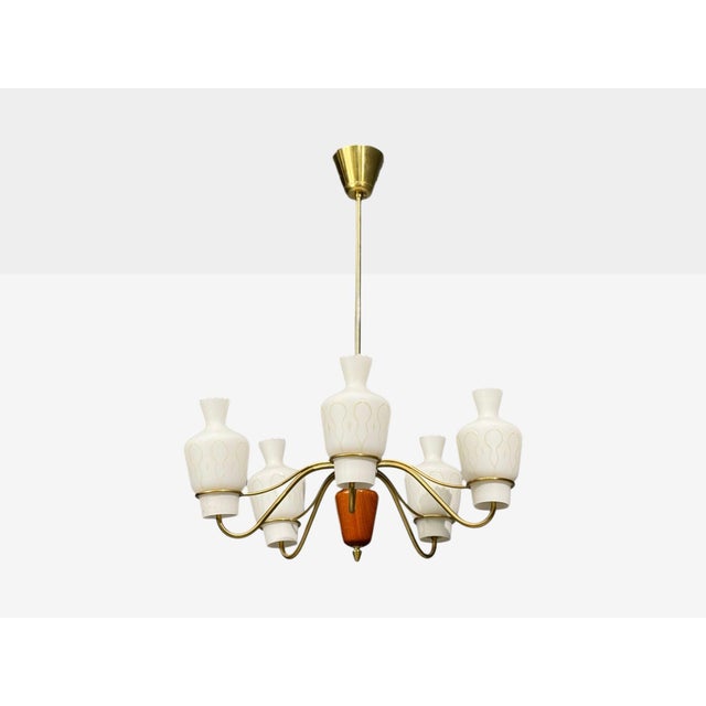 1940s Swedish Modern, Chandelier, Brass, Mahogany, Glass For Sale - Image 4 of 11