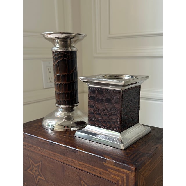 Vintage 8” Leather and Silverplate Ralph Lauren Style Candleholder For Sale - Image 16 of 18
