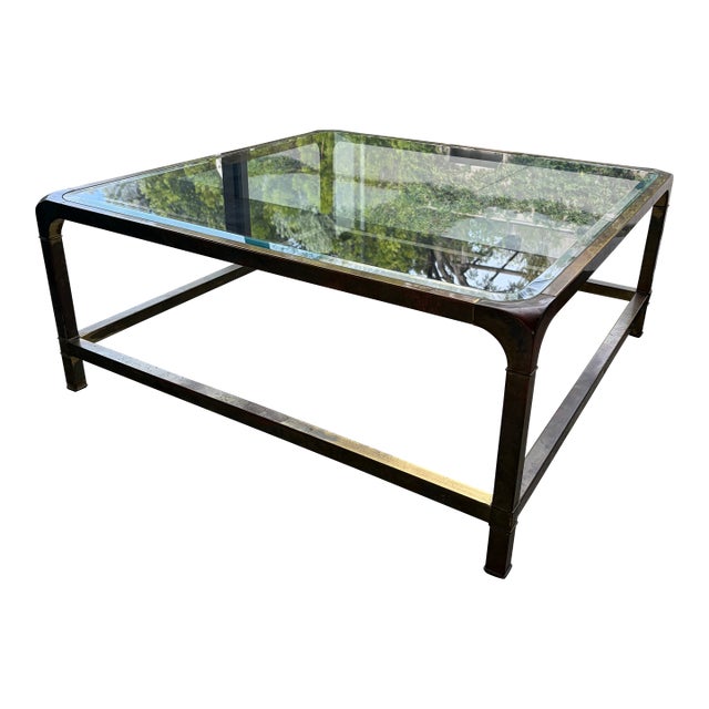 1970s Mastercraft Hollywood Regency Brass and Glass Square Coffee Table, Unmarked For Sale