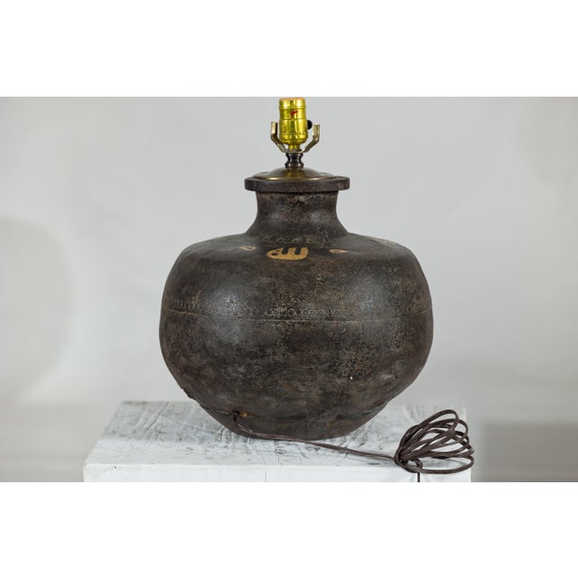 Vintage Indian Metal Jug Converted to Table Lamp with Hand-Painted Script For Sale - Image 14 of 16