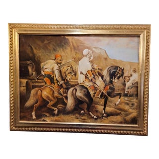 Signed Orientalist Oil Painting – Arabian Horsemen in the Desert Landscape, Mid-20th Century. For Sale