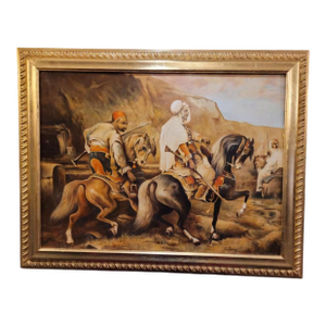 Signed Orientalist Oil Painting – Arabian Horsemen in the Desert Landscape, Mid-20th Century.