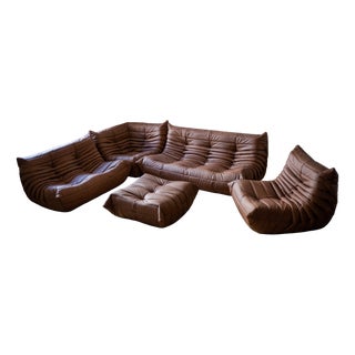 Brown Leather Togo Living Room Set by Michel Ducaroy for Ligne Roset, Set of 5 For Sale