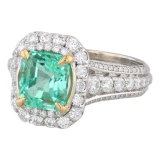 2.59ctw Emerald Diamond Halo Engagement Ring 18k White Gold Size 6 Gia For Sale
