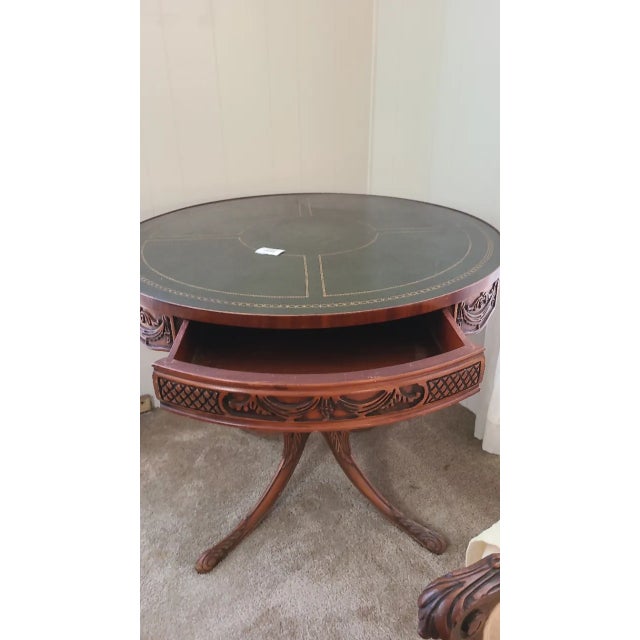 1940s Gorgeous Round Mahogany Table With Green Leather Top For Sale - Image 5 of 13