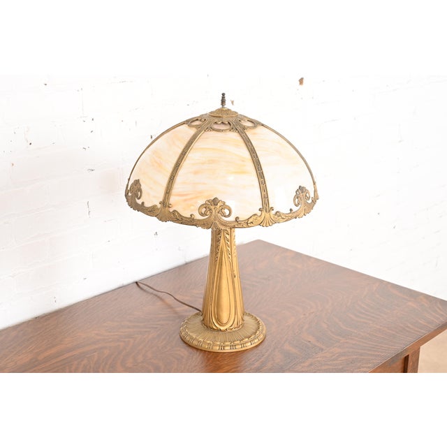 Handel Co. Antique Art Nouveau Slag Glass Table Lamp in the Manner of Handel, Circa 1920s For Sale - Image 4 of 12
