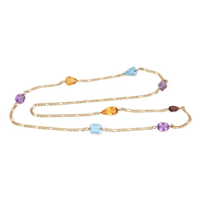 Multicolor Necklace Gem Motif 14k Yellow Gold Figaro Link 36" For Sale