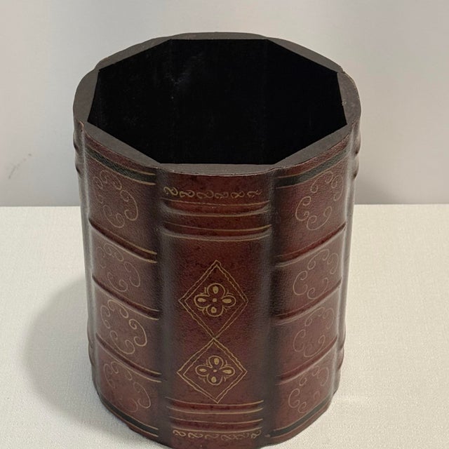 Wood Vintage Faux Leather Trompe l'Oeil Book Spine Wastebasket - Maitland-Smith Style For Sale - Image 7 of 9