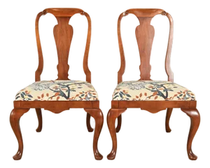 Baker Furniture Queen Anne Carved Walnut Side Chairs or Dining Chairs, Pair