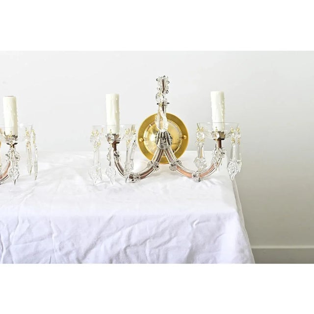 Mid 20th Century French Vintage Brass and Crystal Wall Sconces - A Pair For Sale - Image 5 of 12