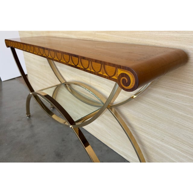 Art Deco console has contrasting lighter and darker wood - believed to be maple or birch and walnut, circa 1930s. Pedestal...