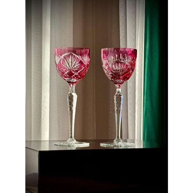 Ruby Cut Crystal Hock Glasses with Peacock and Starburst Cutting, 1950, Set of 6 For Sale - Image 13 of 18