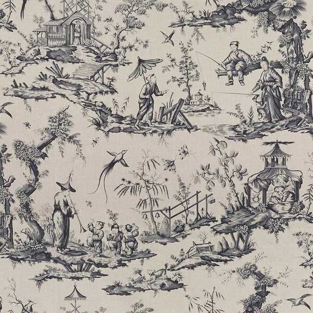 Schumacher Shengyou Toile Fabric in Charcoal For Sale