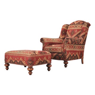 King Ranch Kilim Rug Style Upholstered Lounge Chair + Ottoman For Sale