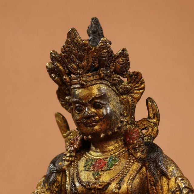 Late 19th Century Late 19th Century Gilt Bronze Yellow Jambhala Statue, Buddhist Wealth Deity, 1.69kg For Sale - Image 5 of 9