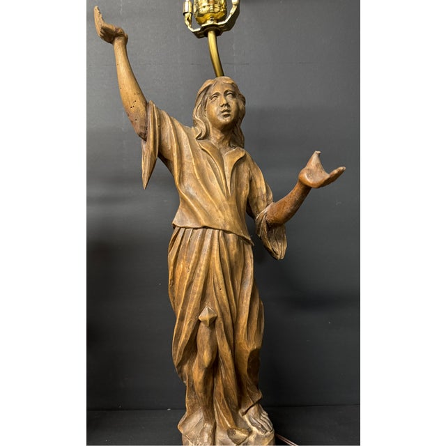 Early 20th Century Pair of Antique Walnut Carved Female Figure Lamps For Sale - Image 10 of 14