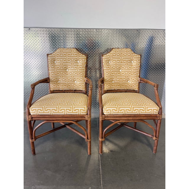 Late 20th Century Palecek Pavilion Rattan Armchairs, Pair, Custom Greek Key Fabric, Hollywood Regency Style For Sale - Image 5 of 12