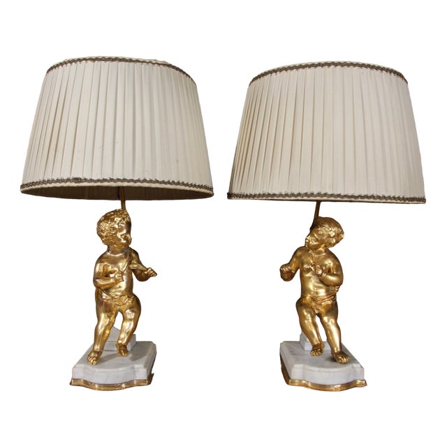 Putti Lamps in Gilt Bronze, 1920s, Set of 2 For Sale