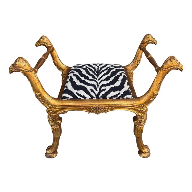Antique Regency Giltwood Camel Head Bench With Clarence House Zebra Seat - 1 of 2 For Sale