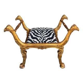 Antique Regency Giltwood Camel Head Bench With Clarence House Zebra Seat For Sale
