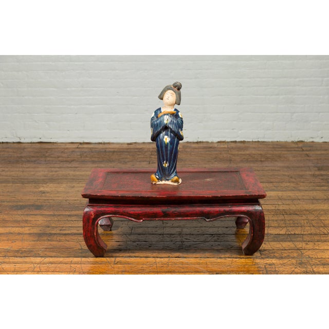 Mid 20th Century Small Chinese Statue of a Court Lady Wearing Blue Kimono and Holding a Baby For Sale - Image 5 of 13