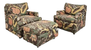 Pair of MCM Floral Lounge Chairs and Ottoman on Casters