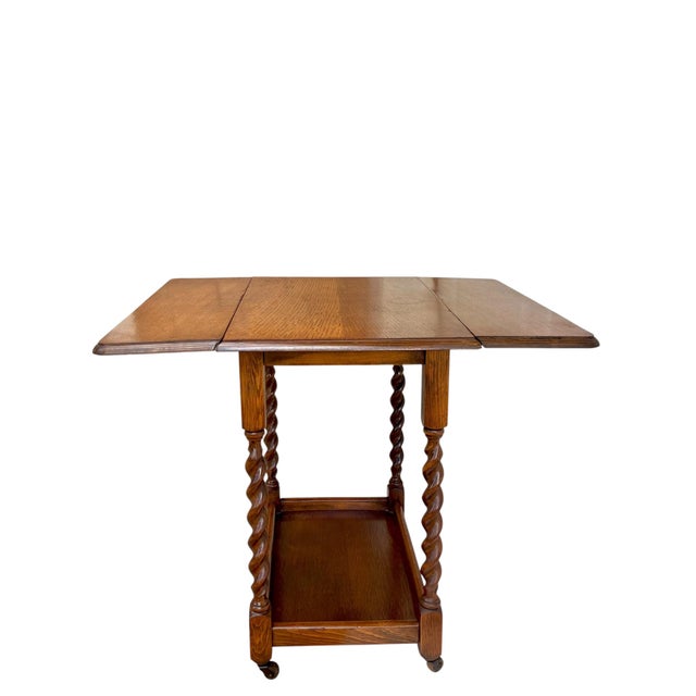 Antique English Oak Drop-Leaf Card Table or Bar Cart With Barley-Twist Legs For Sale - Image 10 of 17