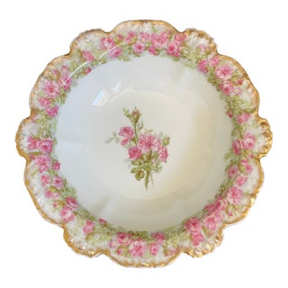 Antique Jean Pouyat Limoges Large Serving Bowl With Pink Roses For Sale