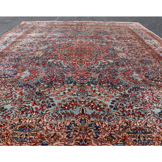 Antique Kerman Rug With Soft Blue Field, Rose Red Medallion and Floral Design 5'10 X 8'6 For Sale In Atlanta - Image 6 of 15