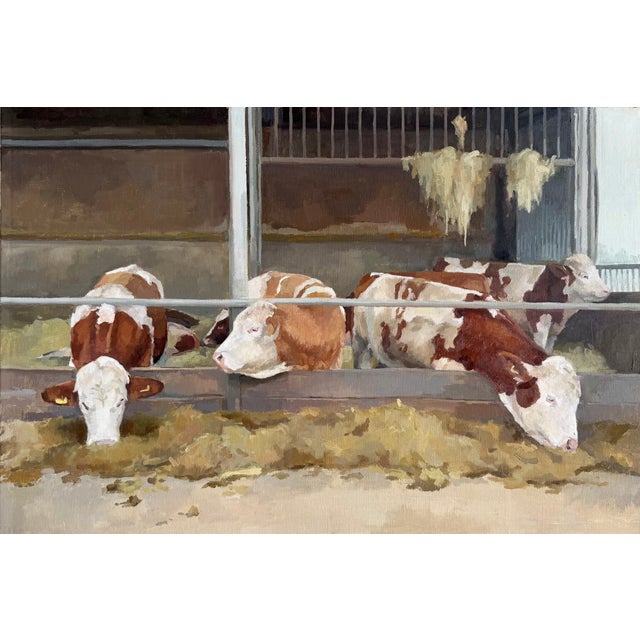 This painting is a depiction of bucolic scene of dairy cows eating. I enjoy the detail of the cows and the warm tones used...
