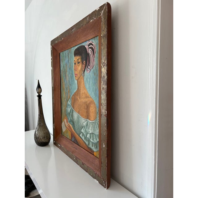 Mexican Large 40" Vintage Framed Portrait of a Gypsy Woman in Ruffled Blue Dress For Sale - Image 3 of 8