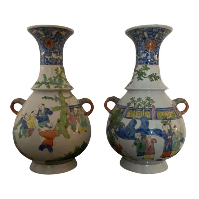 18th Century Pair of Chinese Polychrome Porcelain Vases in Famille Verte Style, Depicting Children at Play. For Sale